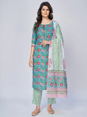 Women'S Floral Print Straight Cotton Aqua Kurta Pant With Dupatta