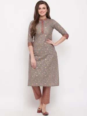 Women'S Foil Print & Hand Work Straight Cotton Grey Kurti