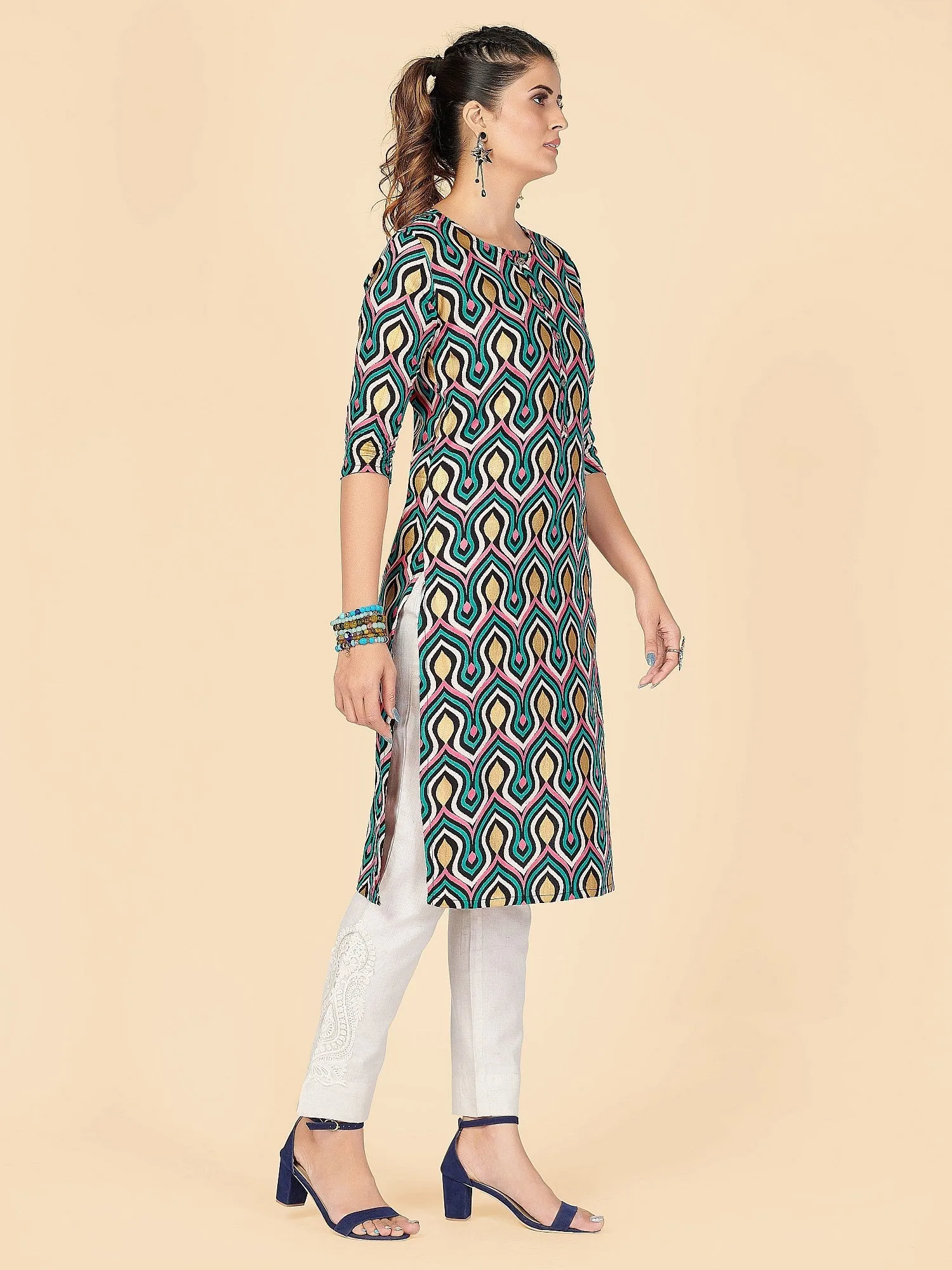 Women'S Foil Print Straight Rayon Aqua Stitched Kurta