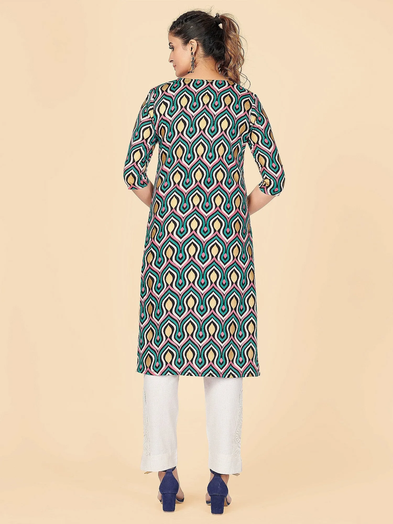 Women'S Foil Print Straight Rayon Aqua Stitched Kurta