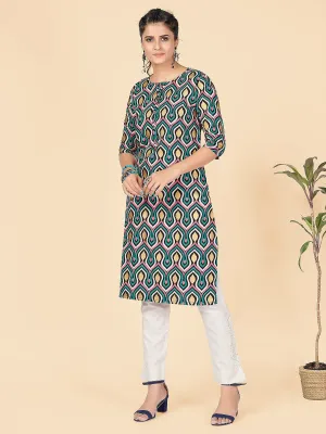 Women'S Foil Print Straight Rayon Aqua Stitched Kurta