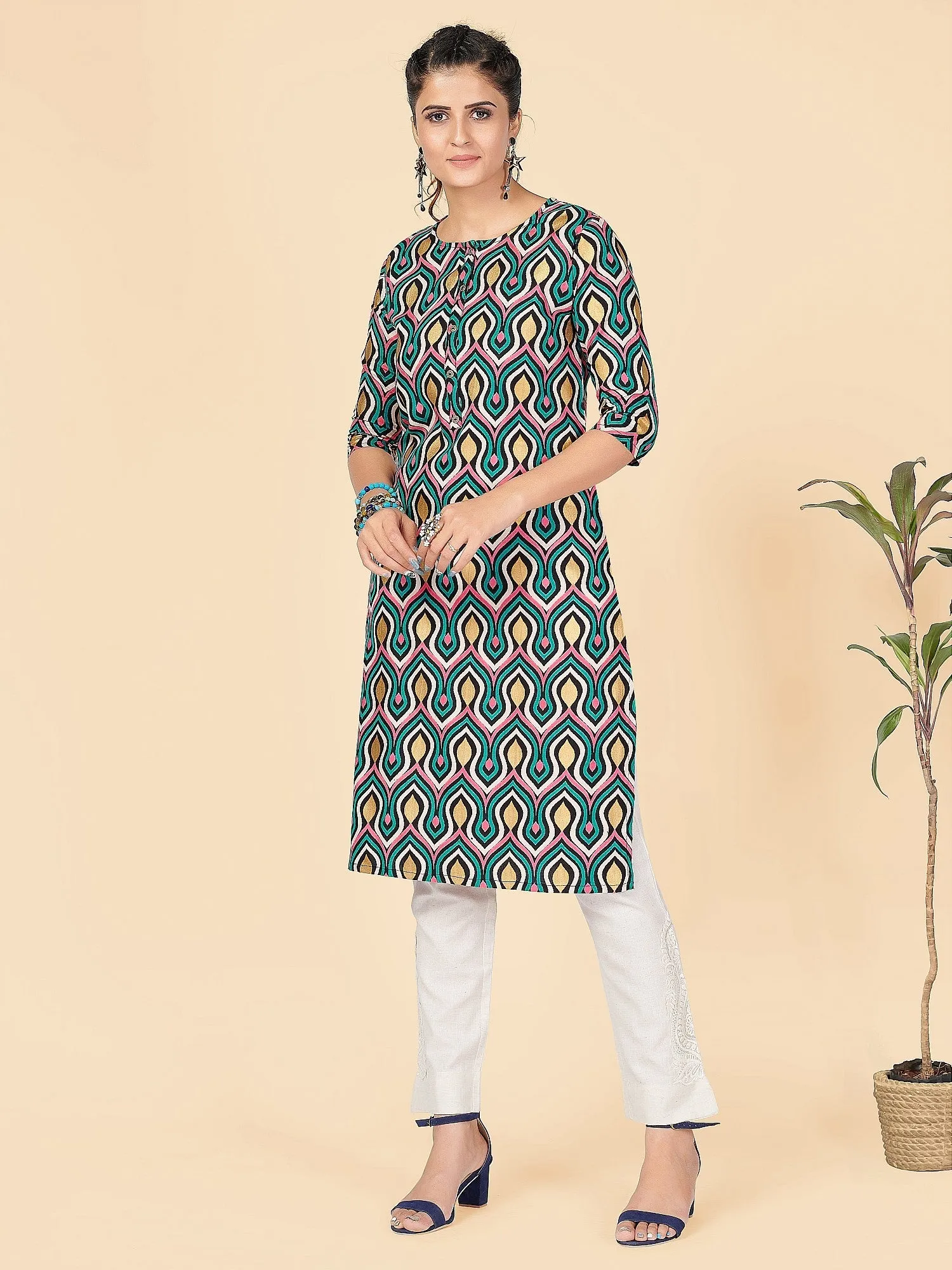 Women'S Foil Print Straight Rayon Aqua Stitched Kurta