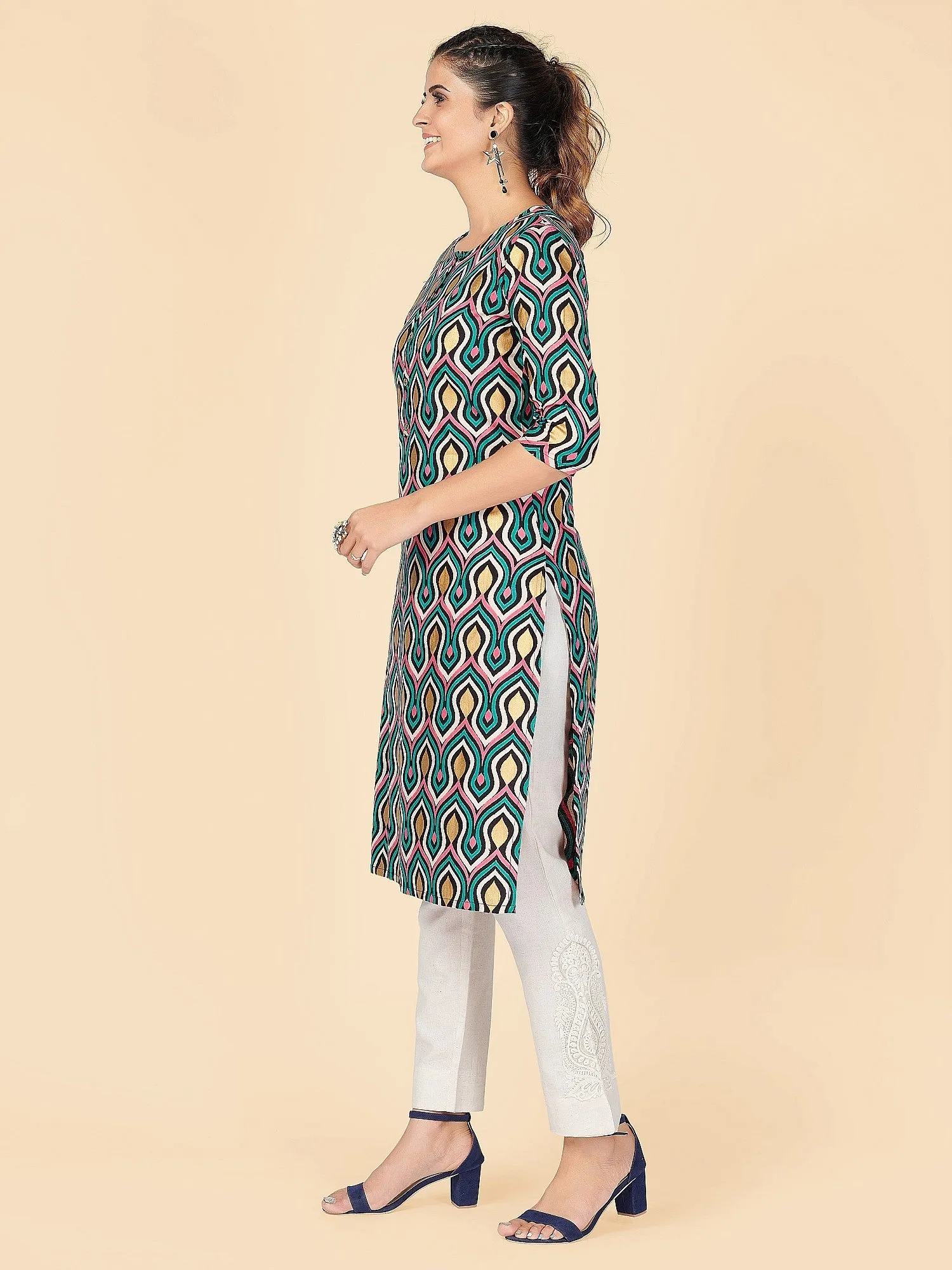 Women'S Foil Print Straight Rayon Aqua Stitched Kurta