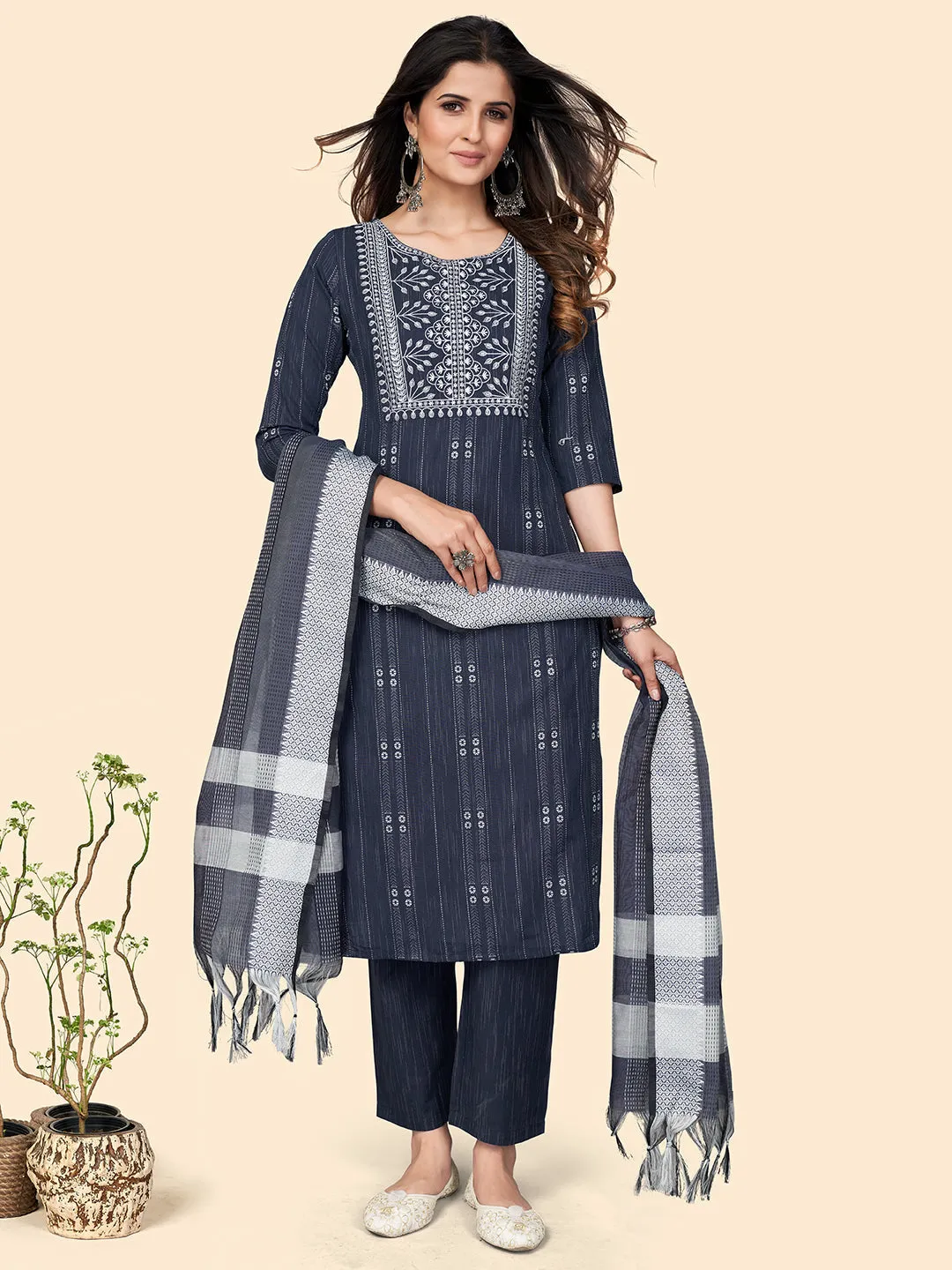 Women'S Print & Embroidered Straight Cotton Navy Blue Stitched Kurta Pant With Dupatta