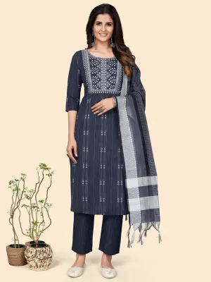 Women'S Print & Embroidered Straight Cotton Navy Blue Stitched Kurta Pant With Dupatta