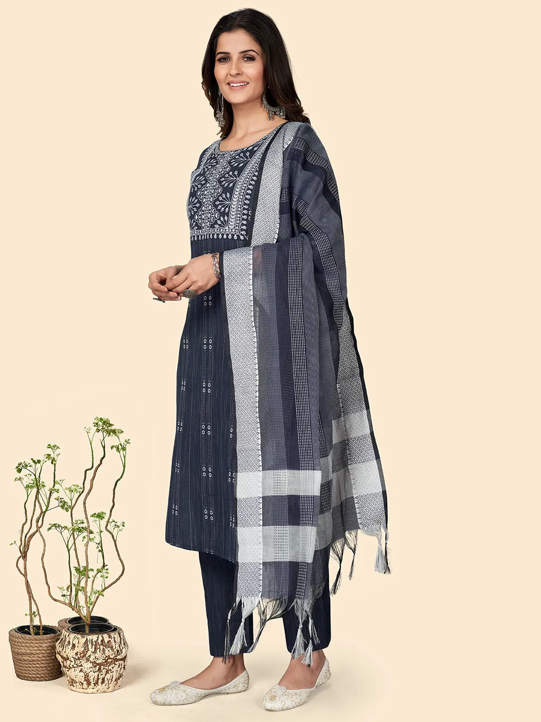 Women'S Print & Embroidered Straight Cotton Navy Blue Stitched Kurta Pant With Dupatta