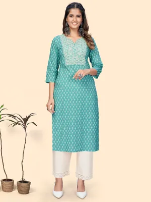 Women'S Print & Embroidered Straight Cotton Turquoise Stitched Kurta