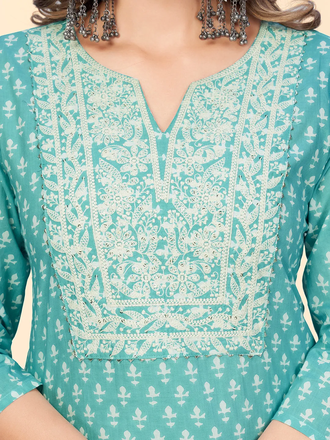 Women'S Print & Embroidered Straight Cotton Turquoise Stitched Kurta