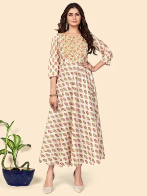 Women'S Print & Lace Anarkali Cotton Beige Stitched Kurta