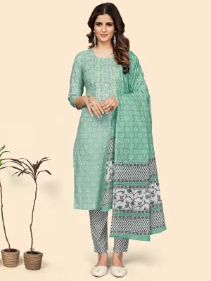 Women'S Print & Lace Work Straight Cotton Turquoise Stitched Kurta Pant With Dupatta