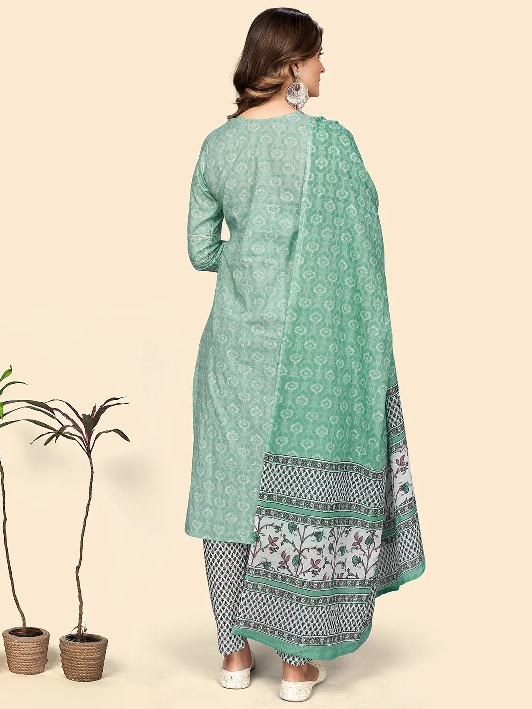 Women'S Print & Lace Work Straight Cotton Turquoise Stitched Kurta Pant With Dupatta