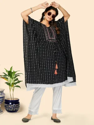 Women'S Print & Mirror Work  Cotton Black Stitched Kaftan Kurta With Pant Set