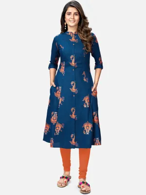 Women'S Printed & Embroidered Anarkali Cotton Black Kurta