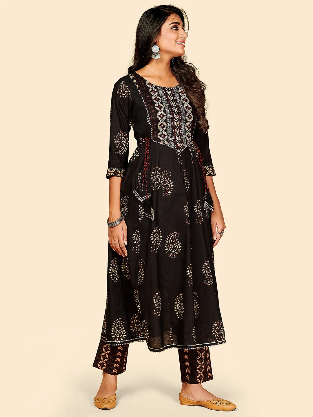 Women'S Printed & Embroidered Anarkali Cotton Black Stitched Kurta Pant With Dupatta