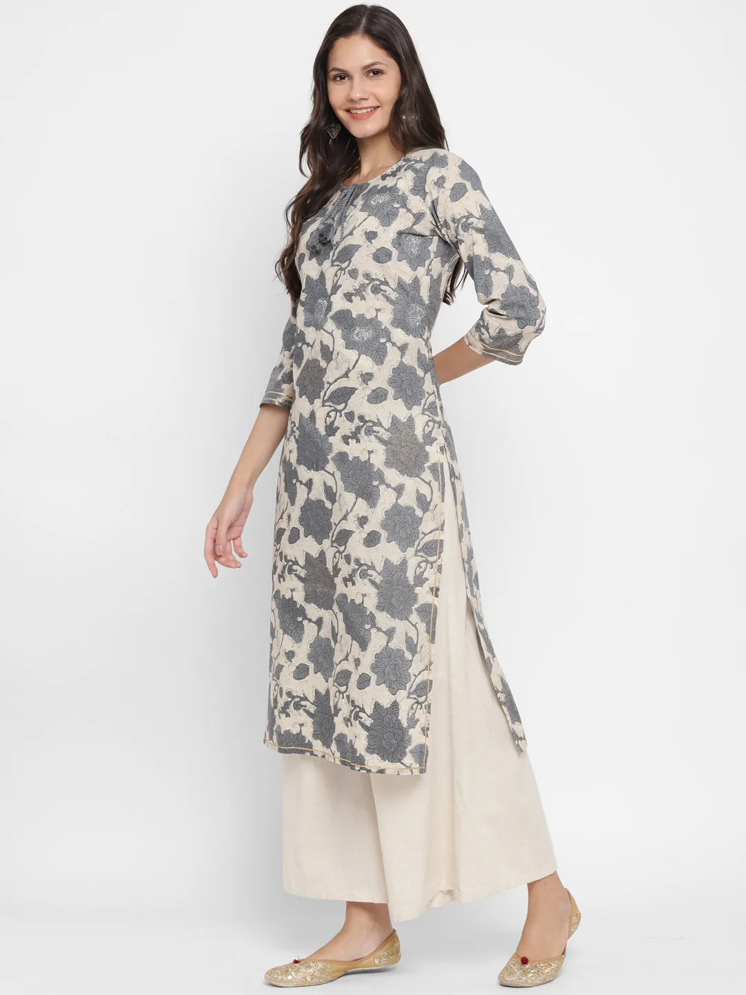 Women'S Printed & Embroidered Straight Cotton Grey Kurta