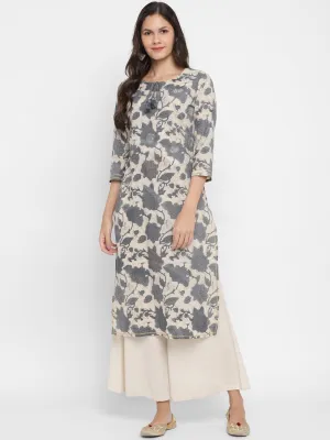 Women'S Printed & Embroidered Straight Cotton Grey Kurta