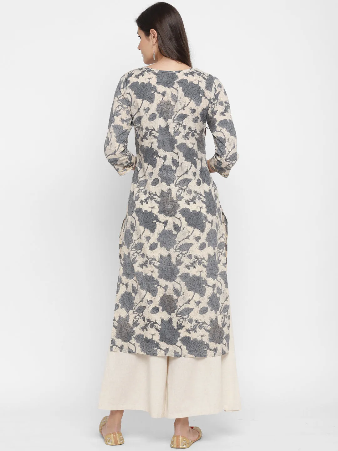 Women'S Printed & Embroidered Straight Cotton Grey Kurta