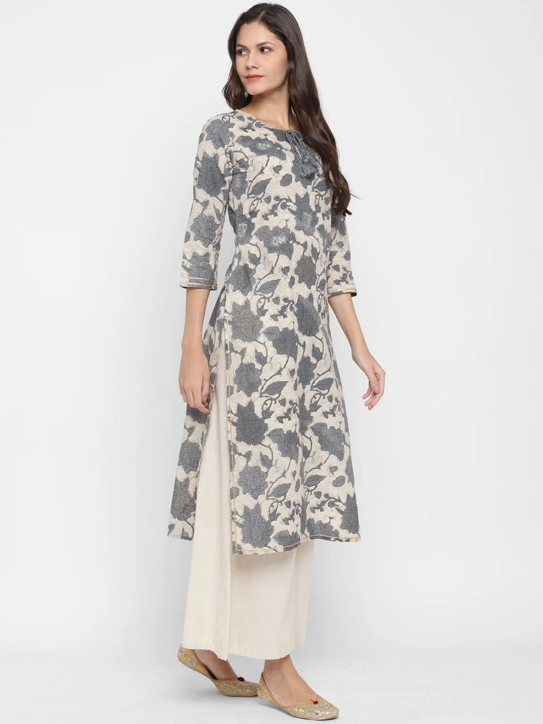 Women'S Printed & Embroidered Straight Cotton Grey Kurta