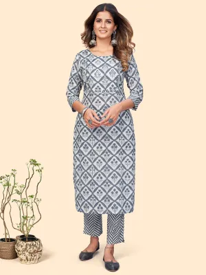 Women'S Printed & Embroidered Straight Cotton Navy Blue Stitched Kurta