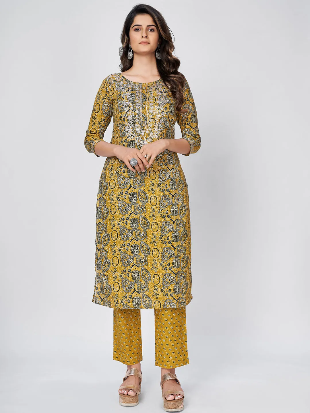 Women'S Printed & Embroidered Straight Cotton Yellow Kurta Pant With Dupatta