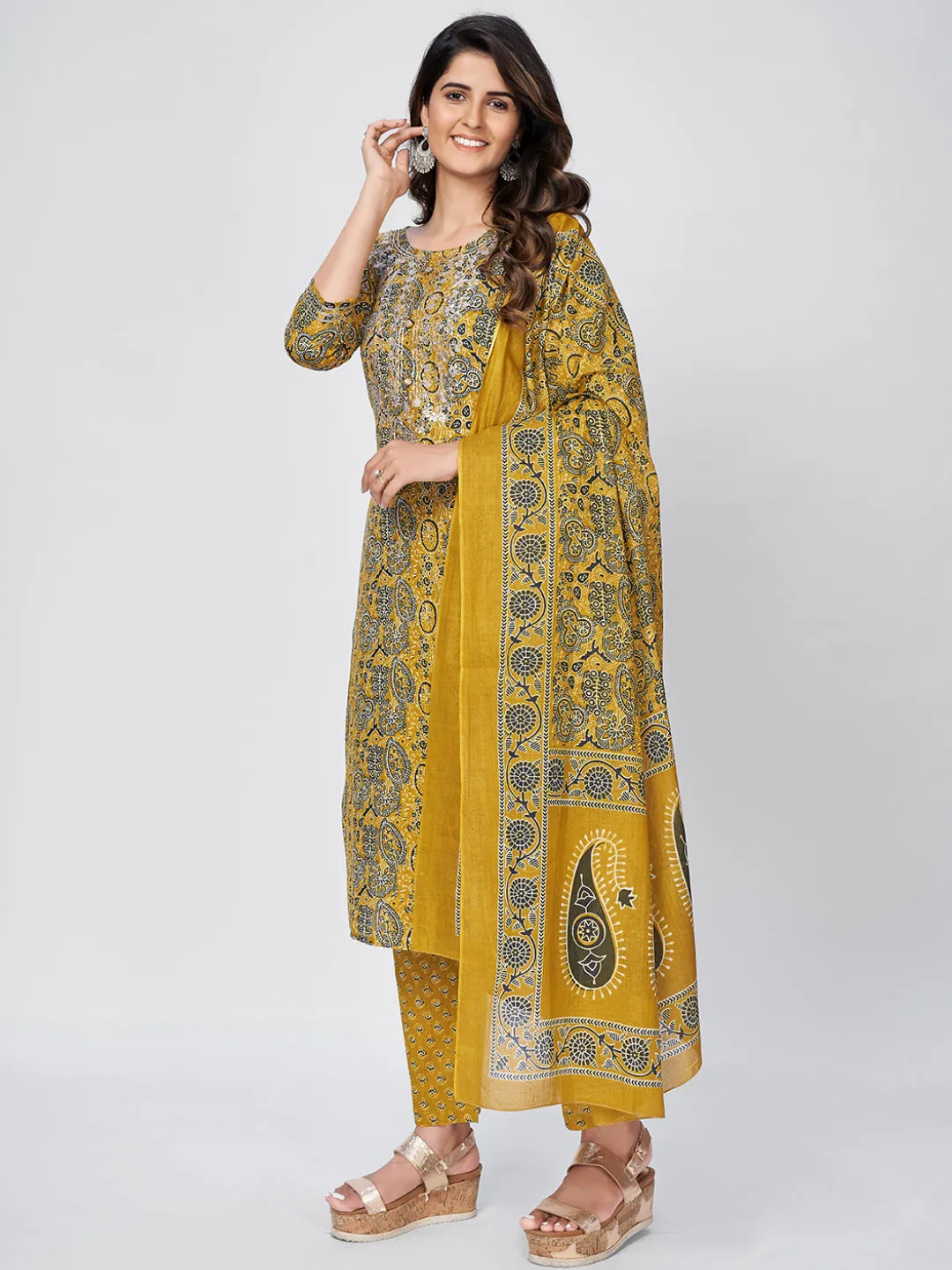 Women'S Printed & Embroidered Straight Cotton Yellow Kurta Pant With Dupatta