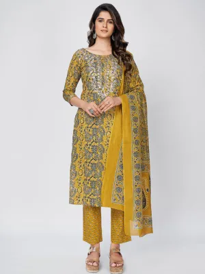 Women'S Printed & Embroidered Straight Cotton Yellow Kurta Pant With Dupatta