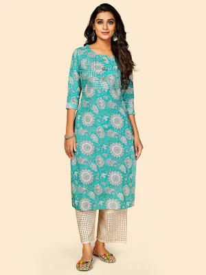 Women'S Printed & Gota Patti Work Straight Cotton Sky Blue Stitched Kurta