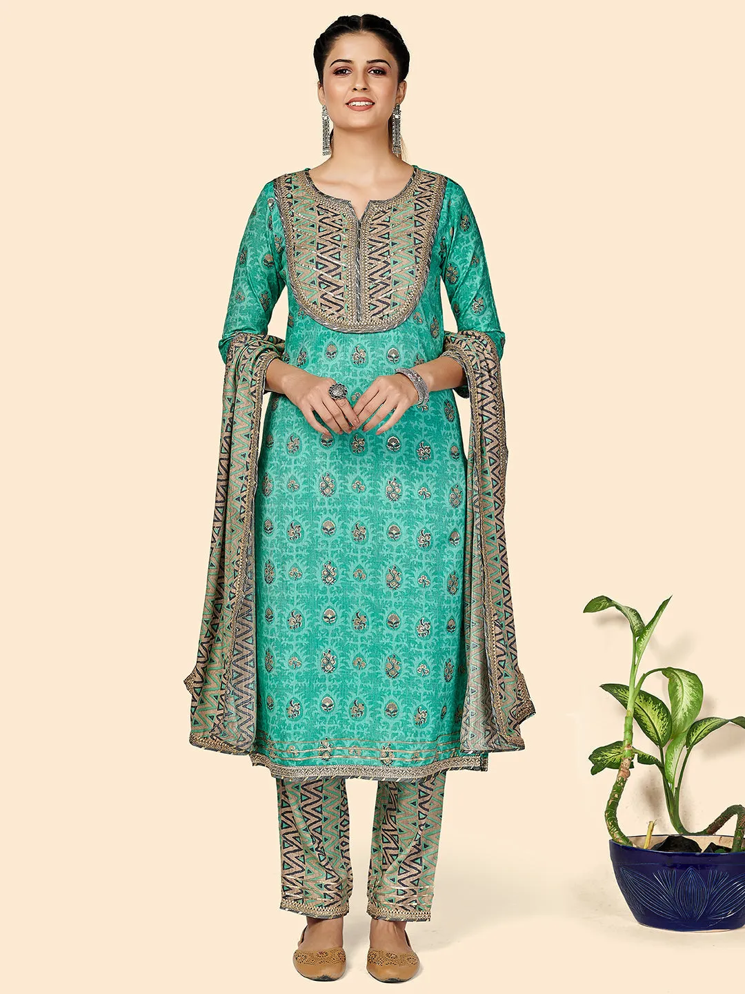 Women'S Printed & Gota Patti Work Straight Rayon Turquoise Stitched Kurta Pant With Dupatta