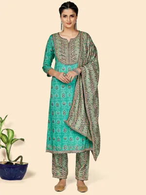 Women'S Printed & Gota Patti Work Straight Rayon Turquoise Stitched Kurta Pant With Dupatta