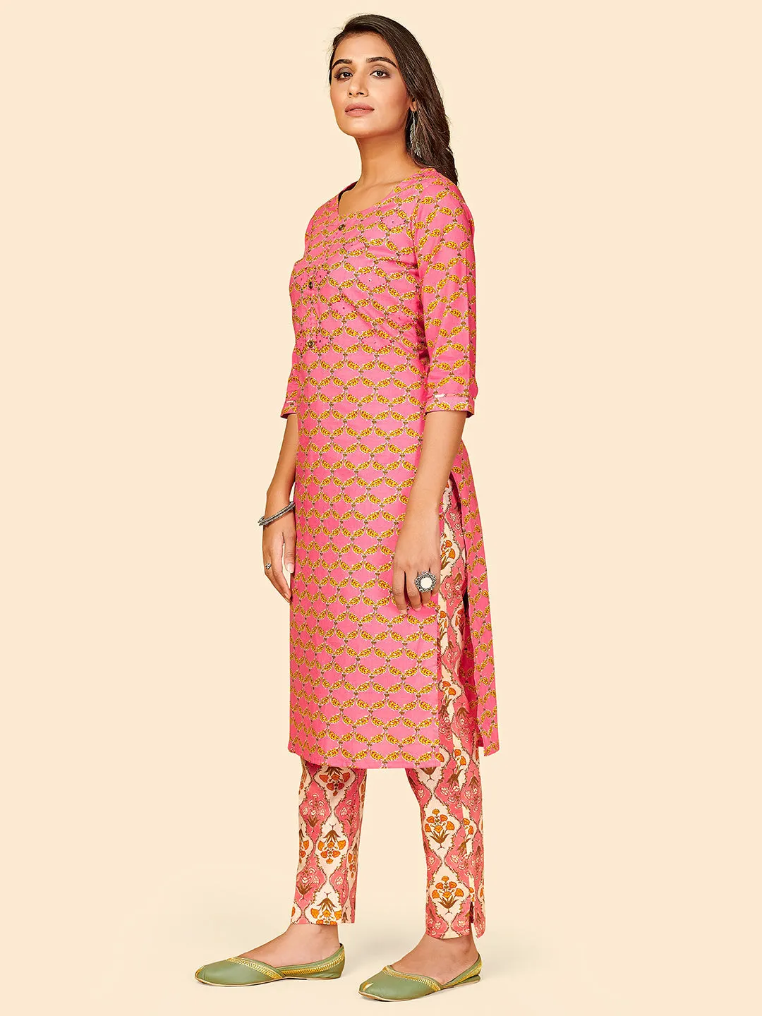 Women'S Printed & Hand Work Straight Cotton Pink Stitched Kurta With Pant