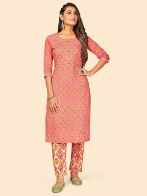 Women'S Printed & Hand Work Straight Cotton Pink Stitched Kurta With Pant