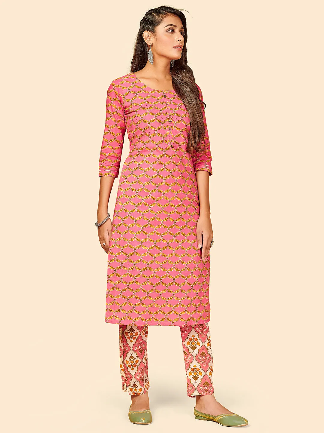 Women'S Printed & Hand Work Straight Cotton Pink Stitched Kurta With Pant