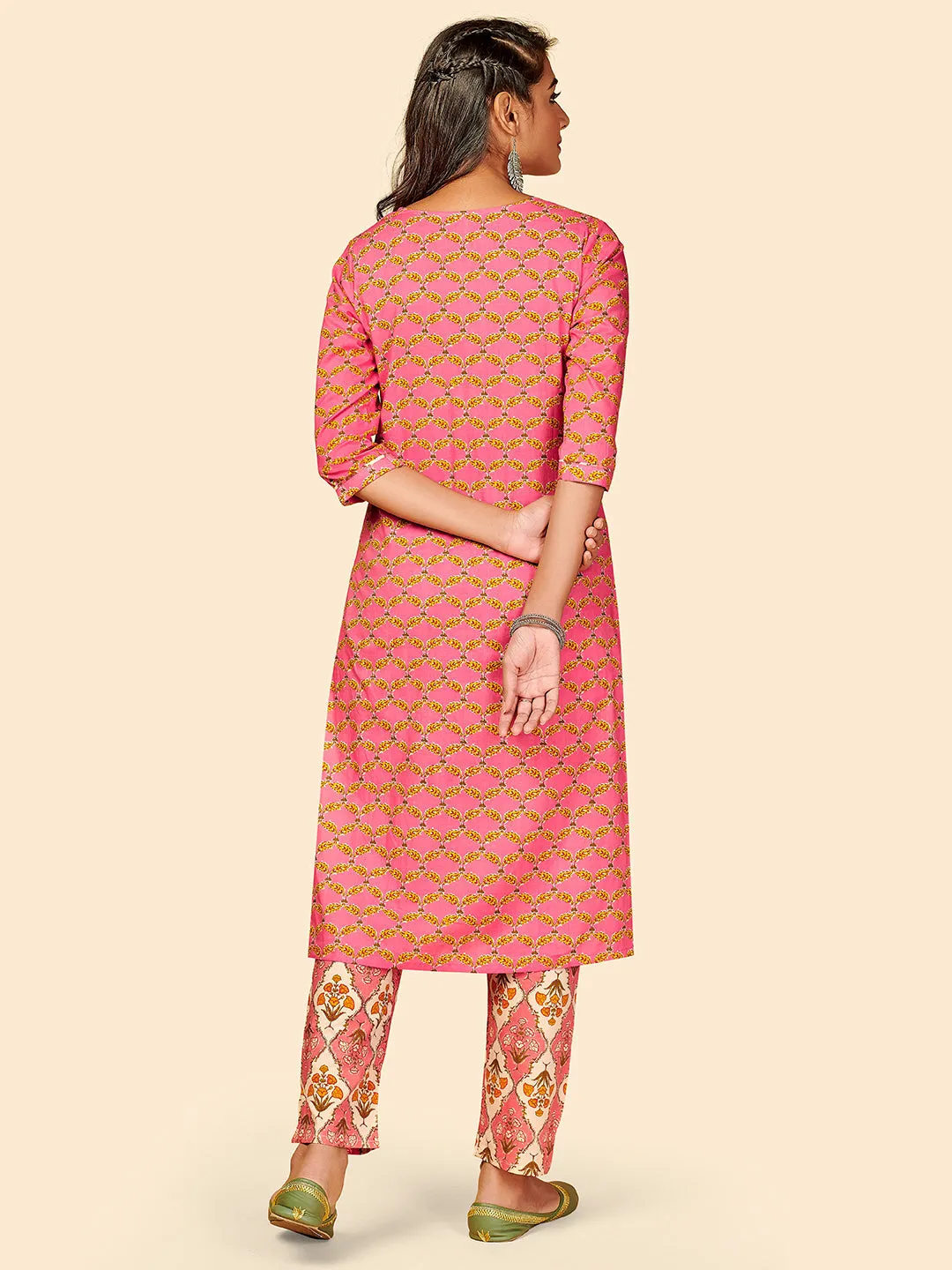 Women'S Printed & Hand Work Straight Cotton Pink Stitched Kurta With Pant