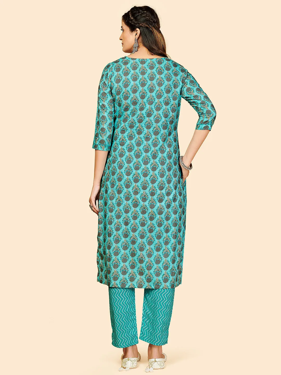 Women'S Printed & Hand Work Straight Cotton Turquoise Stitched Kurta With Pant