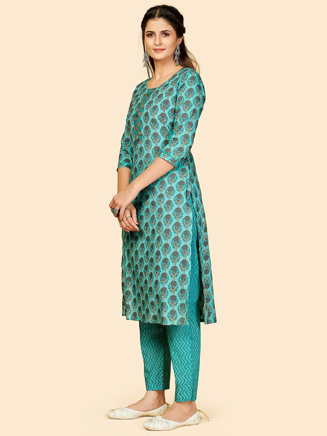 Women'S Printed & Hand Work Straight Cotton Turquoise Stitched Kurta With Pant