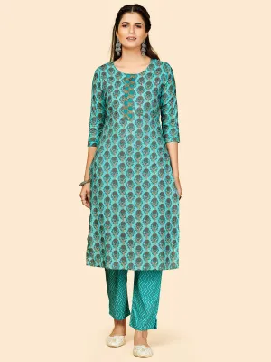 Women'S Printed & Hand Work Straight Cotton Turquoise Stitched Kurta With Pant