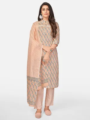 Women'S Printed & Lace Work Straight Cotton Light Peach Kurta Pant With Dupatta