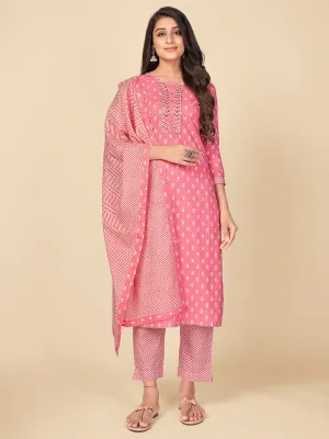 Women'S Printed & Mirror Work Straight Cotton Pink Kurta Pant With Dupatta