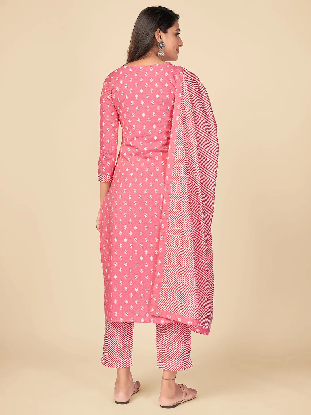 Women'S Printed & Mirror Work Straight Cotton Pink Kurta Pant With Dupatta