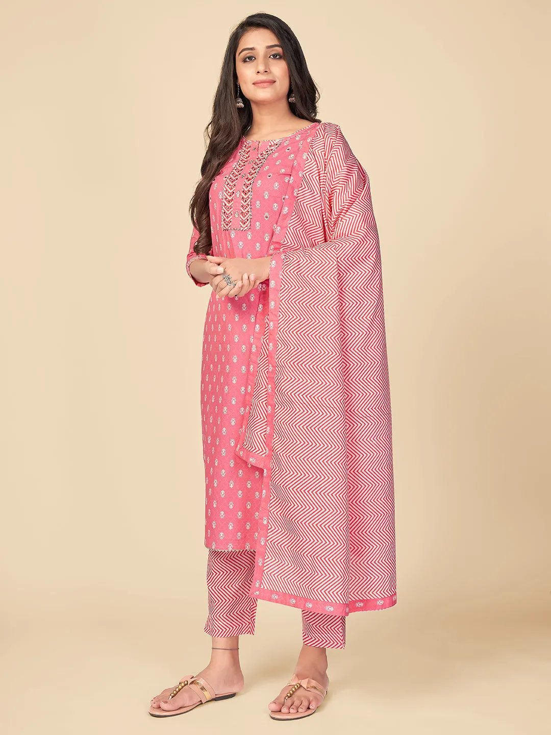 Women'S Printed & Mirror Work Straight Cotton Pink Kurta Pant With Dupatta