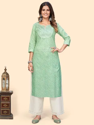 Women'S Printed & Sequience Straight Cotton Sea Green Stitched Kurta