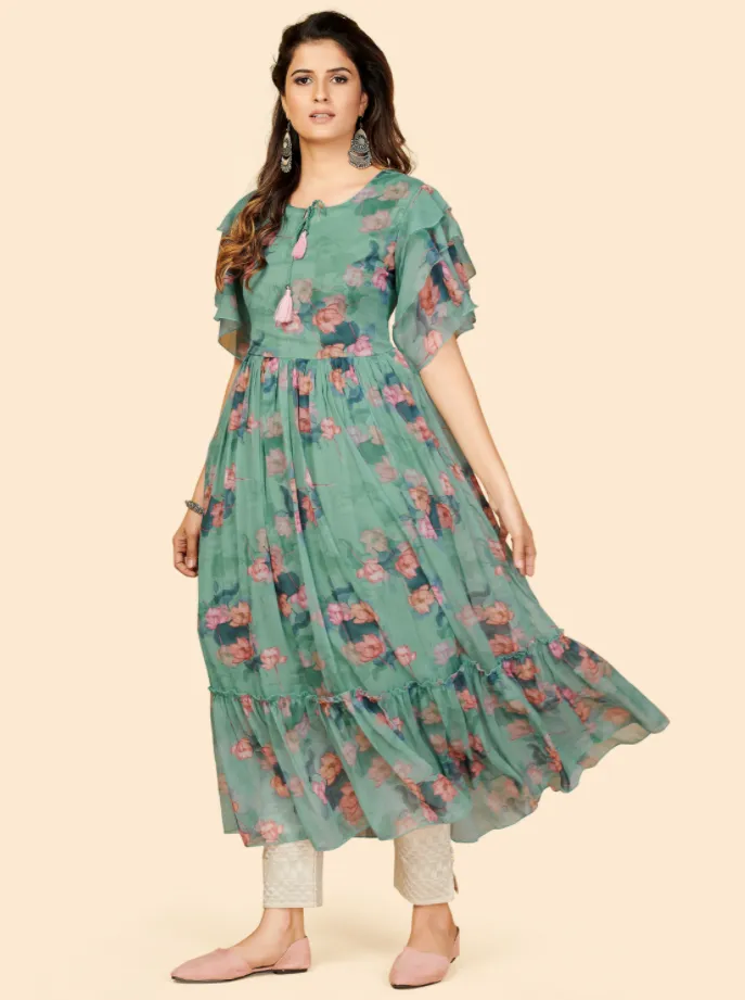 Women'S Printed Anarkali Georgette Aqua Green Stitched Kurta (1Pc)