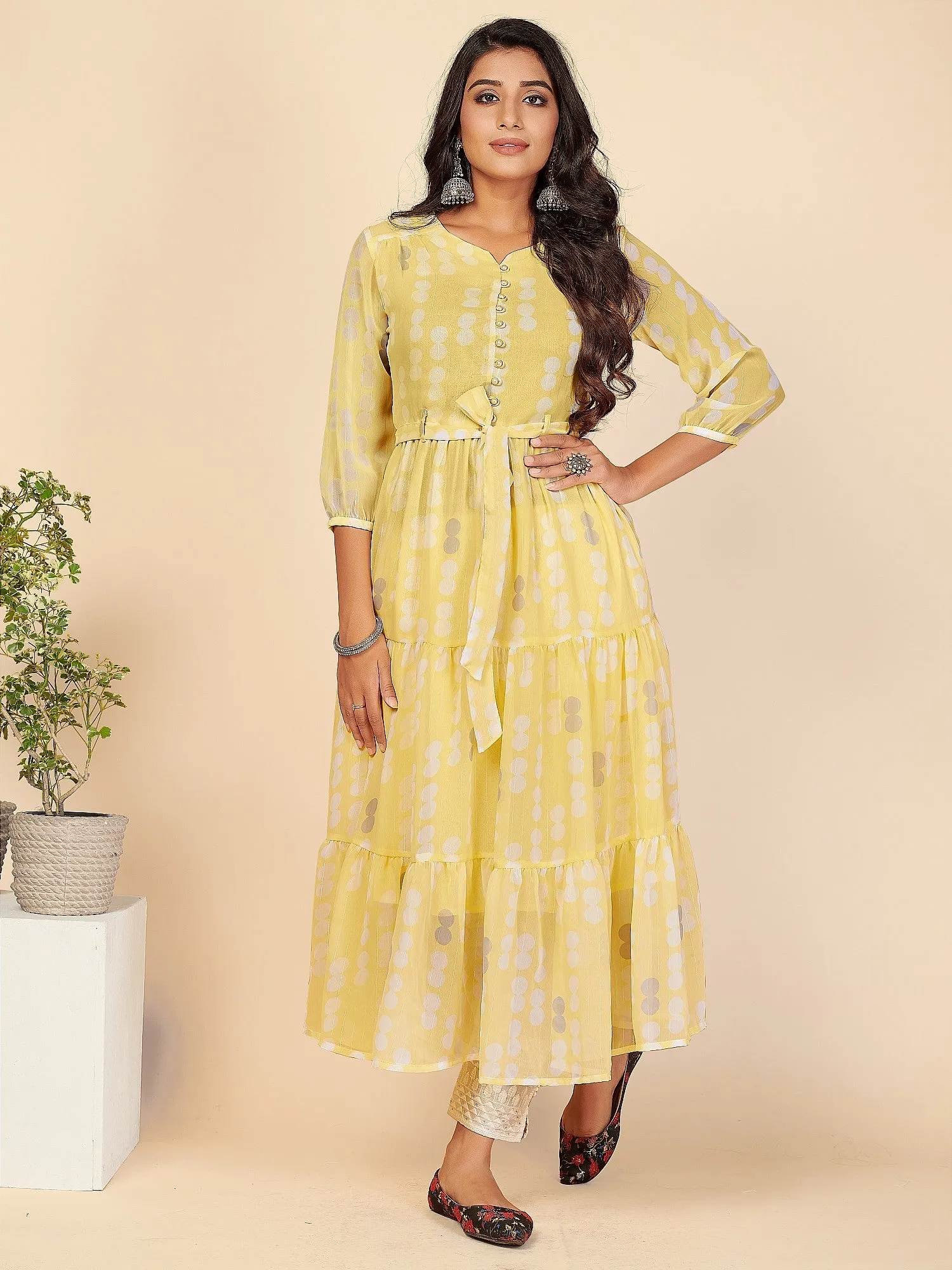 Women'S Printed Anarkali Lurex Georgette Yellow Stitched Kurta