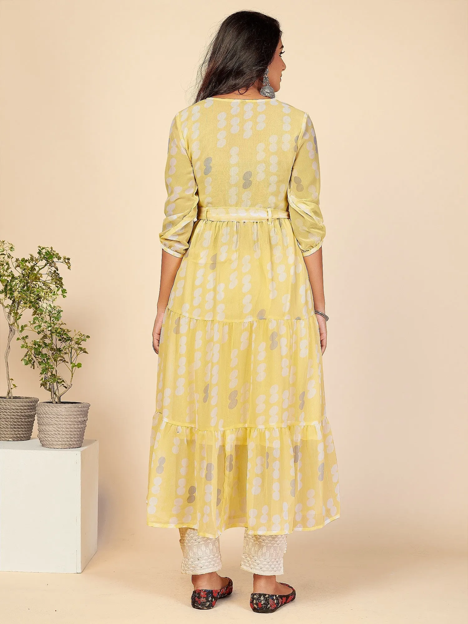 Women'S Printed Anarkali Lurex Georgette Yellow Stitched Kurta