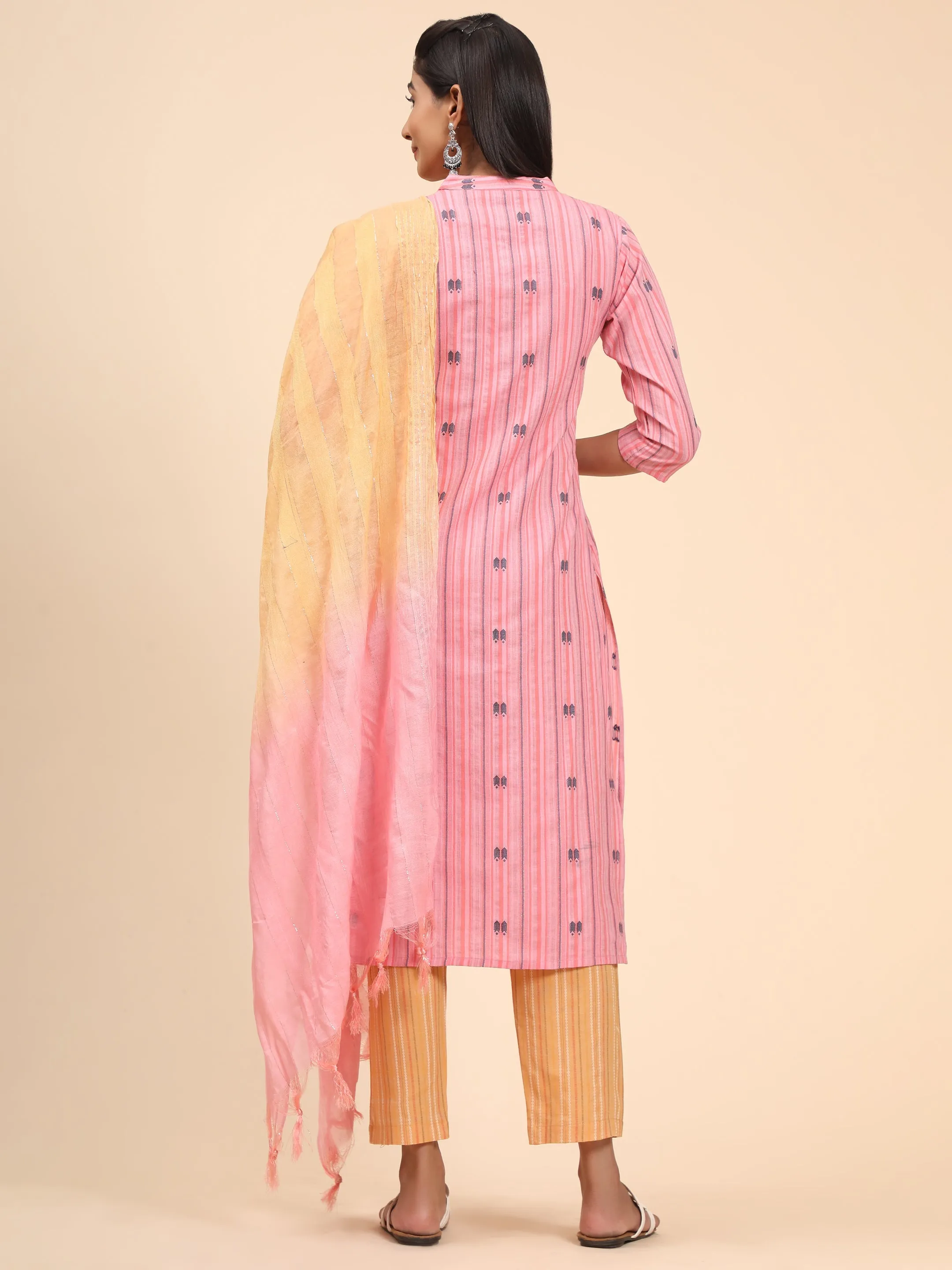 Women'S Printed Straight Cotton Blend Baby Pink Stitched Kurta Pant With Dupatta