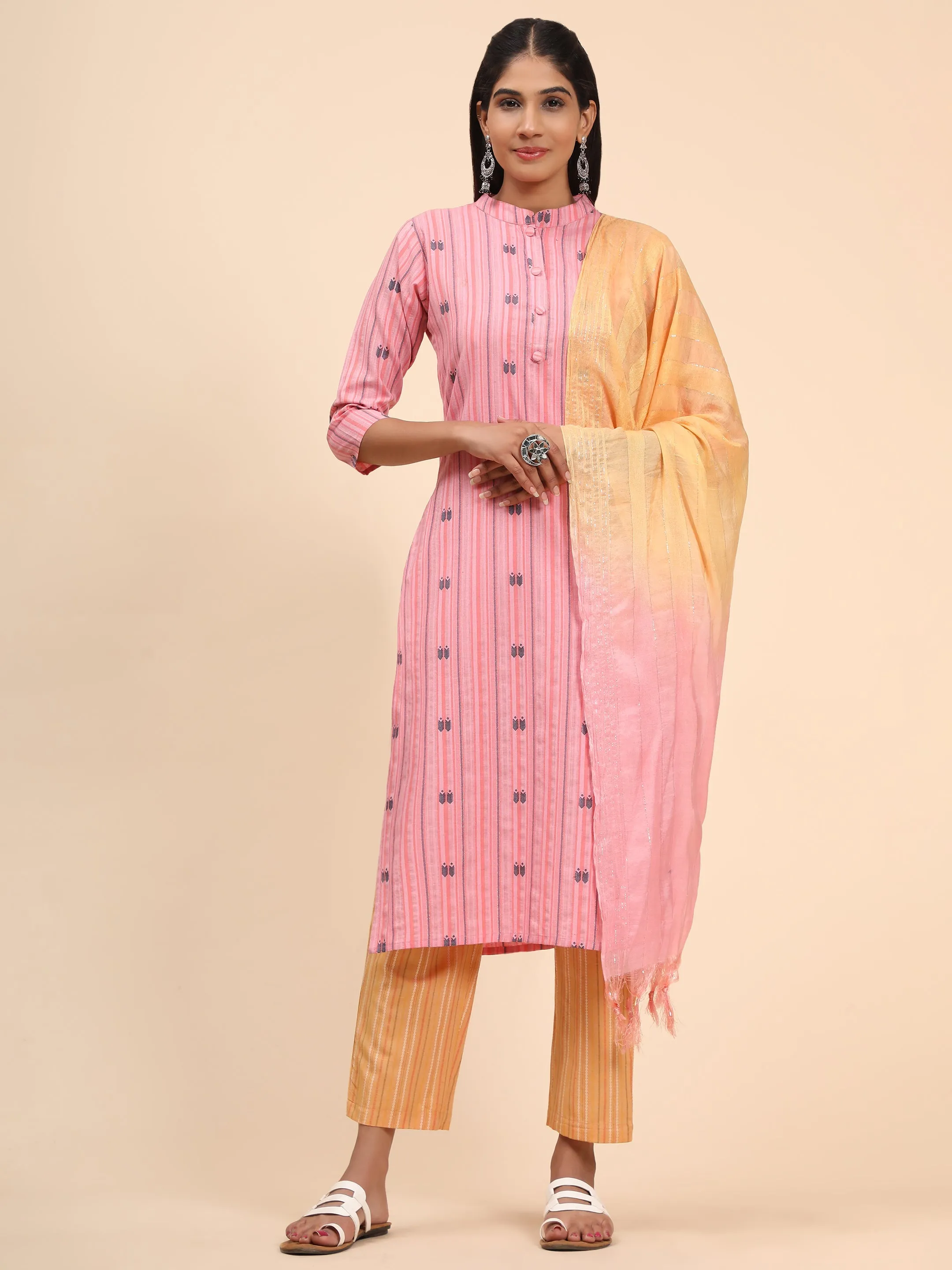 Women'S Printed Straight Cotton Blend Baby Pink Stitched Kurta Pant With Dupatta