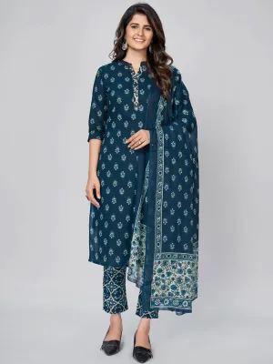 Women'S Printed Straight Cotton Blue Kurta Pant With Dupatta