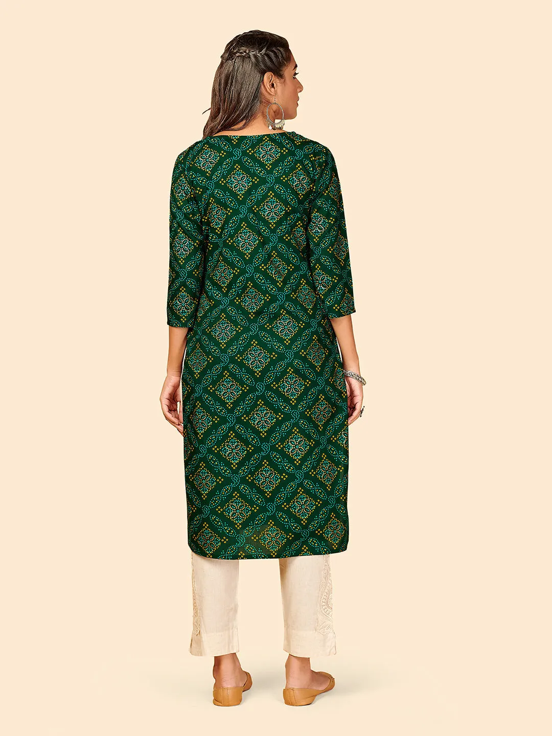 Women'S Printed Straight Cotton Green Stitched Kurta