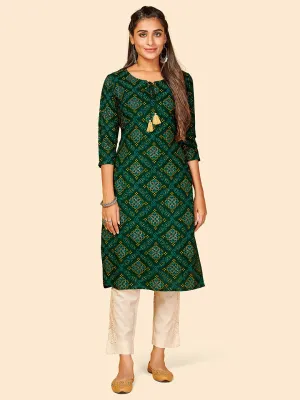 Women'S Printed Straight Cotton Green Stitched Kurta