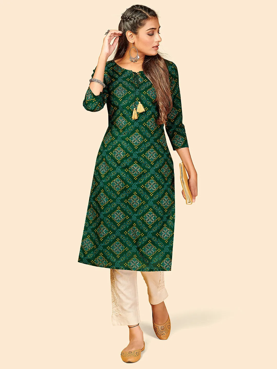 Women'S Printed Straight Cotton Green Stitched Kurta